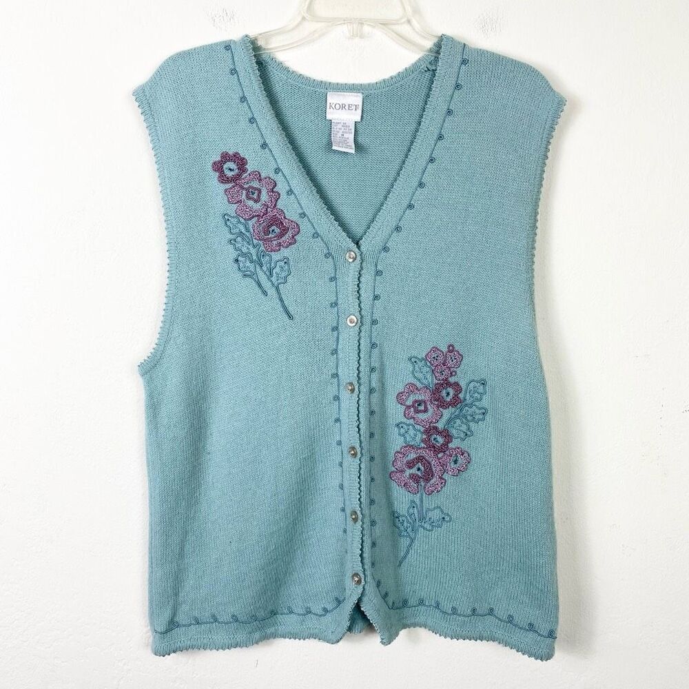Vintage Koret Blue Floral Embroidered Button Up Sweater Vest Size M